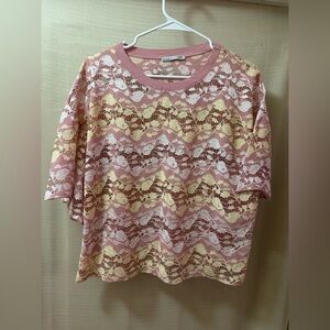 Zara Pink Floral Lace Top | Short Sleeve Blouse | Size L